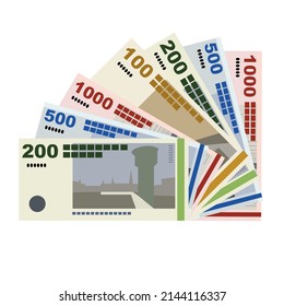 Danish Krone Vector Illustration. Denmark, Greenland, Faroe Islands money set banknotes. Paper money 1000, 500, 200, 100 Kr. Flat style. Isolated on white background. Simple minimal design.