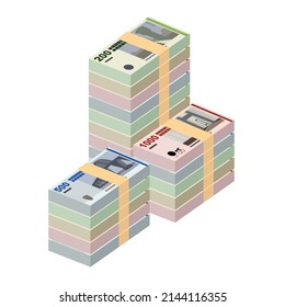Danish Krone Vector Illustration. Denmark, Greenland, Faroe Islands money set banknotes. Paper money 1000, 500, 200, 100 Kr. Flat style. Isolated on white background. Simple minimal design.