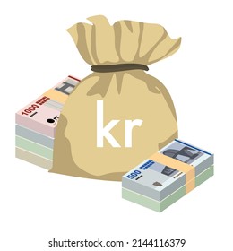 Ilustración del vector Krone danés. Dinamarca, Groenlandia y las Islas Feroe establecen billetes. Bolsa de dinero 1000, 500, 200, 100 Kr. Estilo plano. Aislado sobre fondo blanco. Diseño sencillo y mínimo.