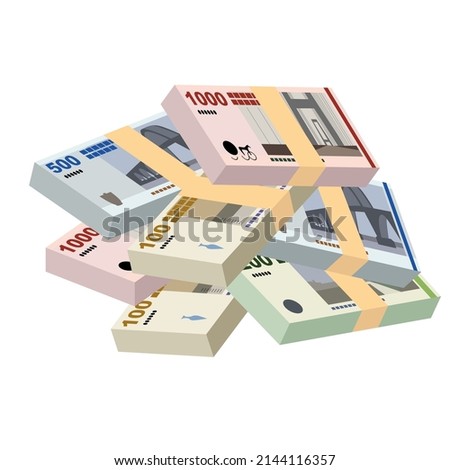 Danish Krone Vector Illustration. Denmark, Greenland, Faroe Islands money set banknotes. Paper money 1000, 500, 200, 100 Kr. Flat style. Isolated on white background. Simple minimal design.