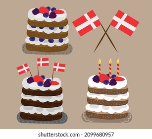 Danish Lagkage Sweet Layer Cake With Fruits. Vector Illustration Of Typical Danmark Cake With Flag For Birthday. Hygge Lifestyle.