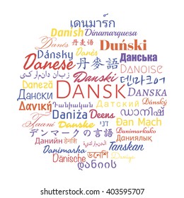 Danish in the languages of the world. Vector travel collage.