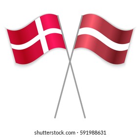 Danish and Latvian crossed flags. Denmark combined with Latvia isolated on white. Language learning, international business or travel concept.