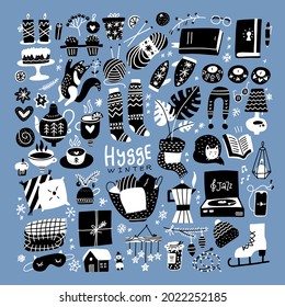 Danish lifestyle concept Hygge elements set. Cozy elements for Winter season. Knitted clothes, candles, cacao and other cozy attributes. Vector hand drawn illustrations .