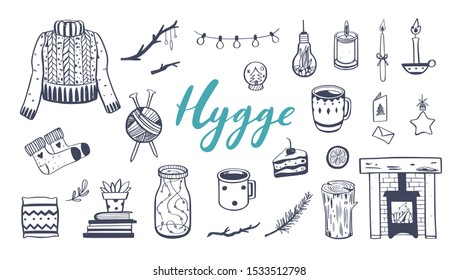 Danish  lifestyle concept- Hygge. Vector hand drawn illustrations . Cozy elements for  Winter season. Fireplace, candles, cacao and other hygge attributes