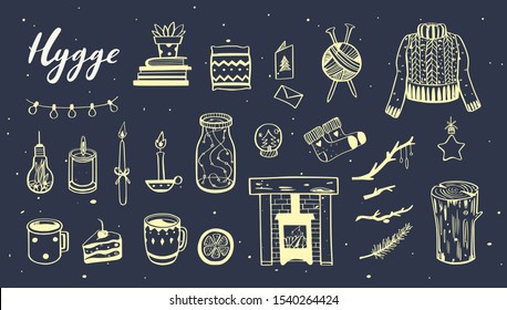 Danish  lifestyle concept- Hygge. Vector hand drawn illustrations . Cozy elements for  Winter season. Fireplace, candles, cacao and other hygge attributes