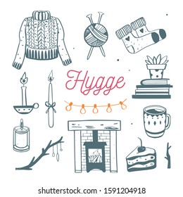 Danish  lifestyle concept- Hygge. Vector hand drawn illustrations . Cozy elements for  Winter season. Fireplace, candles, cacao and other hygge attributes