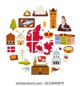 Danish map with flag pattern and famous culture symbols of Denmark, kings crown and heritage architecture, food in circle cartoon vector illustration. Travel to Denmark round banner or poster design
