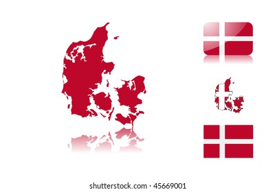 Danish  map including: map with reflection, map in flag colors, glossy and normal flag of Denmark.