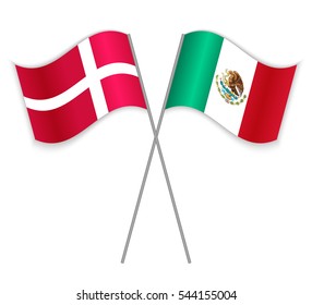 Danish and Mexican crossed flags. Denmark combined with Mexico isolated on white. Language learning, international business or travel concept.