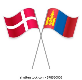 Danish and Mongolian crossed flags. Denmark combined with Mongolia isolated on white. Language learning, international business or travel concept.