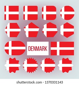 Danish National Colors, Insignia Vector Icons Set. Danish State Flag, European Country Official Symbolics. Red And White Patriotic Banner, Dannebrog. Denmark Traditional Emblem Flat Illustration