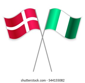 Danish and Nigerian crossed flags. Denmark combined with Nigeria isolated on white. Language learning, international business or travel concept.