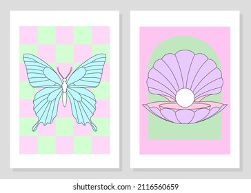 Danish pastel aesthetics prints set. Wall art posters. Abstract retro aesthetic backgrounds set with groovy objects. Vintage mid century art prints. 60s, 70s, 80s style. Checkered pattern