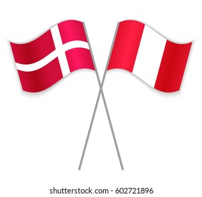 Danish and Peruvian crossed flags. Denmark combined with Peru isolated on white. Language learning, international business or travel concept.