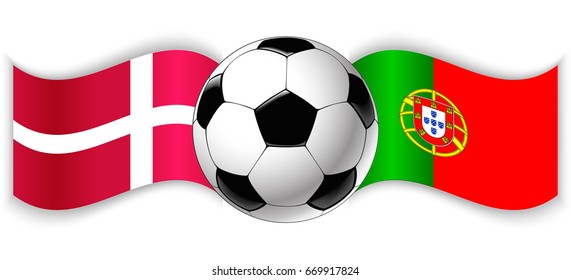 Danish and Portuguese wavy flags with football ball. Denmark combined with Portugal isolated on white. Football match or international sport competition concept.