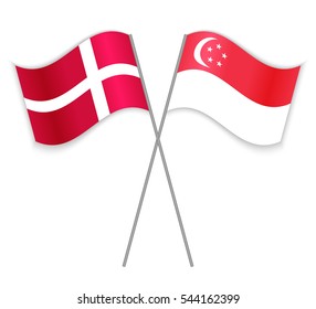 Danish and Singaporean crossed flags. Denmark combined with Singapore isolated on white. Language learning, international business or travel concept.