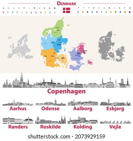 Danish skylines in black and white color palette. Flag and map of Denmark