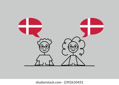 danish speakers, cartoon boy and girl with speech bubbles in Denmark flag colors, learning danish language vector illustration