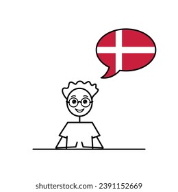 danish speaking cartoon boy with speech bubble in flag of Denmark colors, male character learning danish language vector illustration, black line sketch