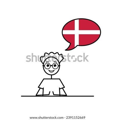danish speaking cartoon boy with speech bubble in flag of Denmark colors, male character learning danish language vector illustration, black line sketch