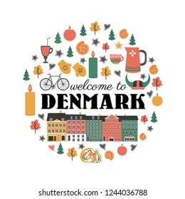 Danish symbols set in round frame with traditional food, travel icons vector illustration isolated, Nordic country landmark Copenhagen City Hall, candles, food, sweet, tableware, clothing for design