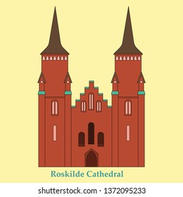 Danish travel landmark of historic and religious buildings thin line icon set. Manor house Vallo Castle, Vejle Town Hall, Lutheran Church Roskilde Cathedral, Evangelical Lutheran Frederik Church