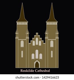 Danish travel landmark of historic and religious buildings thin line icon set. Manor house Vallo Castle, Vejle Town Hall, Lutheran Church Roskilde Cathedral, Evangelical Lutheran Frederik Church