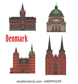 Danish travel landmark of historic and religious buildings thin line icon set. Manor house Vallo Castle, Vejle Town Hall, Lutheran Church Roskilde Cathedral, Evangelical Lutheran Frederik Church