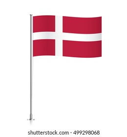 Danish vector flag template. Waving flag of Denmark on a metallic pole, isolated on a white background.