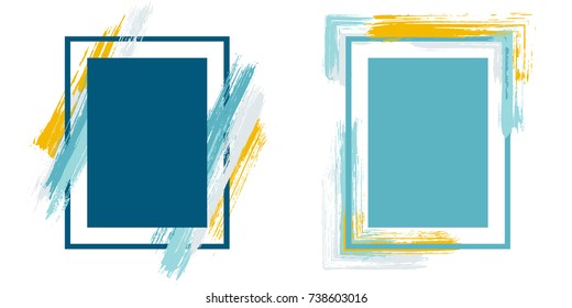 Dank blue and cyan with orange art frame set vector collection.  Grunge border with painted brushstrokes background collection. Painted frames advertising graphics for banners, flyers, posters, cards