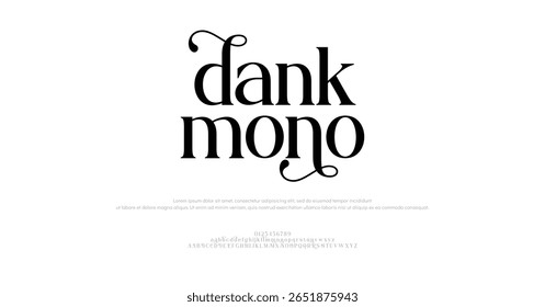 Dank mono luxo mínimo moderno alfabeto logotipo fontes e número, maiúsculas minúsculas e número. Ilustração vetorial 