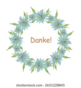 Banner Danke. Flores azuis guirlanda de aquarela padrão de folhas verdes na ilustração vetorial de estoque branco para web, para impressão