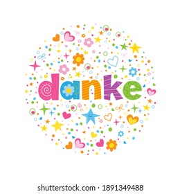 DANKE colorful vector hand lettering greeting card in circle shape (THANK YOU in German)