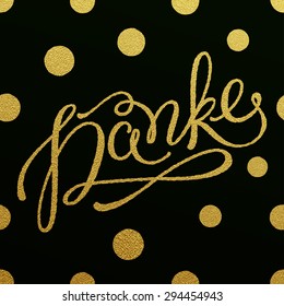 Danke - diseño de letras brillantes de oro con patrón de puntos de polka