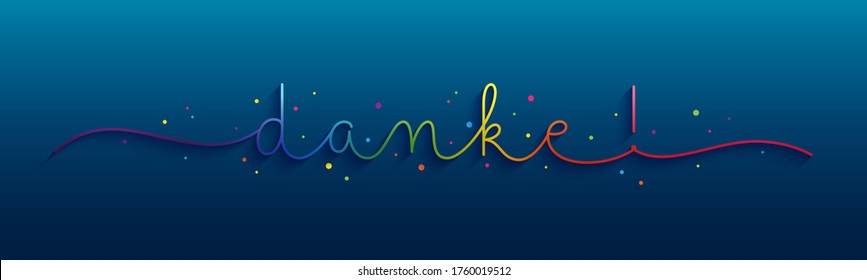 ¡DANKE! degradado de arco iris vectorial monolina caligrafía banner con confetti colorido sobre fondo azul oscuro