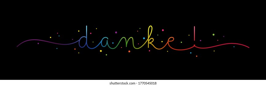 ¡DANKE! degradado de arco iris vectorial monolina caligrafía banner con confetti colorido sobre fondo negro