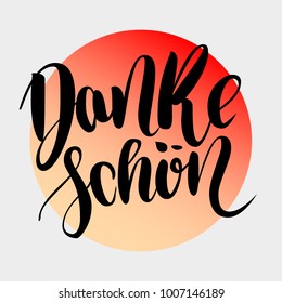 Danke schoen. Thank you in german. Vector hand drawn brush lettering on colorful gradient isolated on grey background. Modern handlettering postcard for printing, web pages and others products.