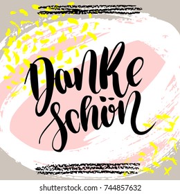 Danke schoen. Thank you in german. Vector hand drawn brush lettering on colorful background.