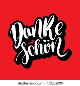 Danke schoen. Thank you in german. Vector hand drawn brush lettering on colorful background.