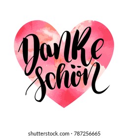 Danke schoen. Thank you in german. Vector hand drawn brush lettering on colorful watercolor heart isolated on white background. Modern handlettering postcard for printing, web pages and others.