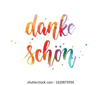 Danke schon - Thank you in German. Handwritten modern calligraphy watercolor lettering text. Colorful handlettering.