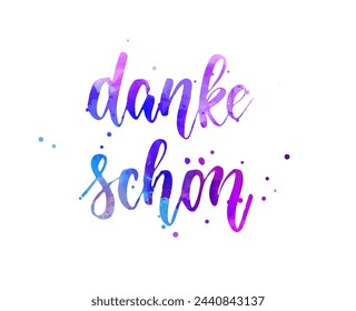 Danke schon - Thank you in German. Handwritten modern calligraphy watercolor lettering text.