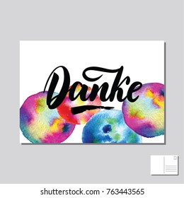 Danke, Thank you in German hand drawn lettering post card with abstract circle colorful background. Vector lettering illustration. Template for printing