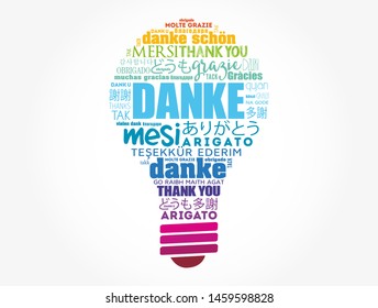 Danke (Thank You in German) light bulb word cloud in different languages