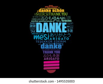 Danke (Thank You in German) light bulb word cloud in different languages