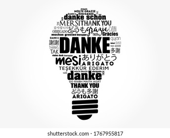 Danke (Thank You in German) light bulb word cloud in different languages