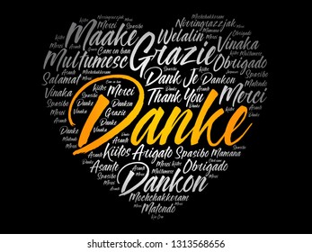 Danke (Thank You in German) Love Heart Word Cloud in different languages