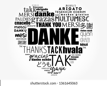 Danke (Gracias en alemán) Love Heart Word Cloud en diferentes idiomas