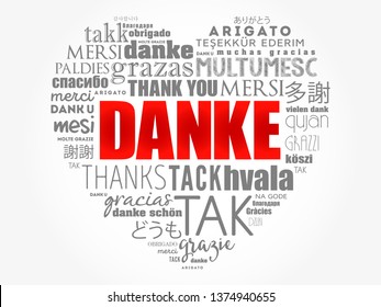 Danke (Thank You in German) Love Heart Word Cloud in different languages